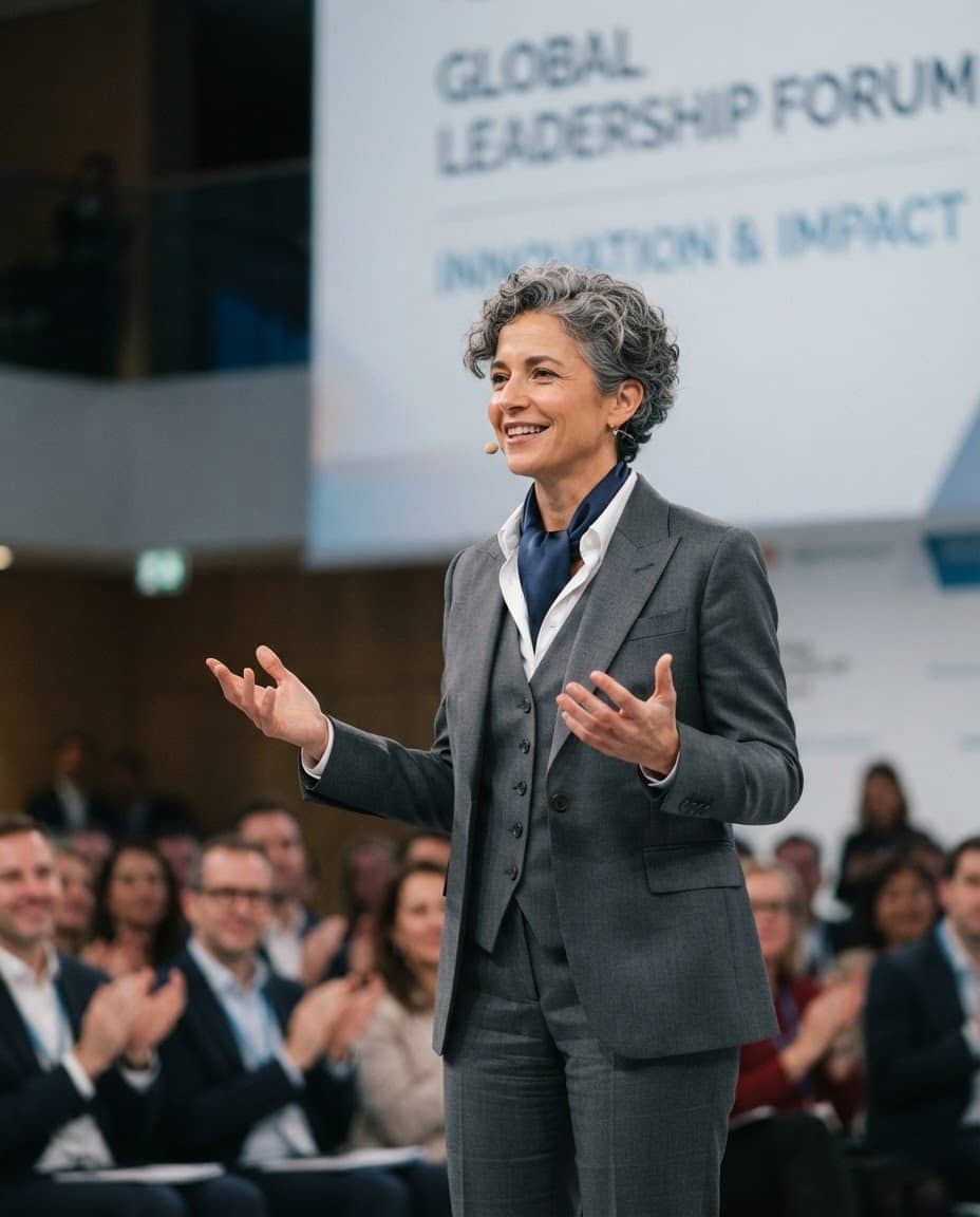 Řečnice hovoří k sedícímu publiku před plátnem Global Leadership Forum